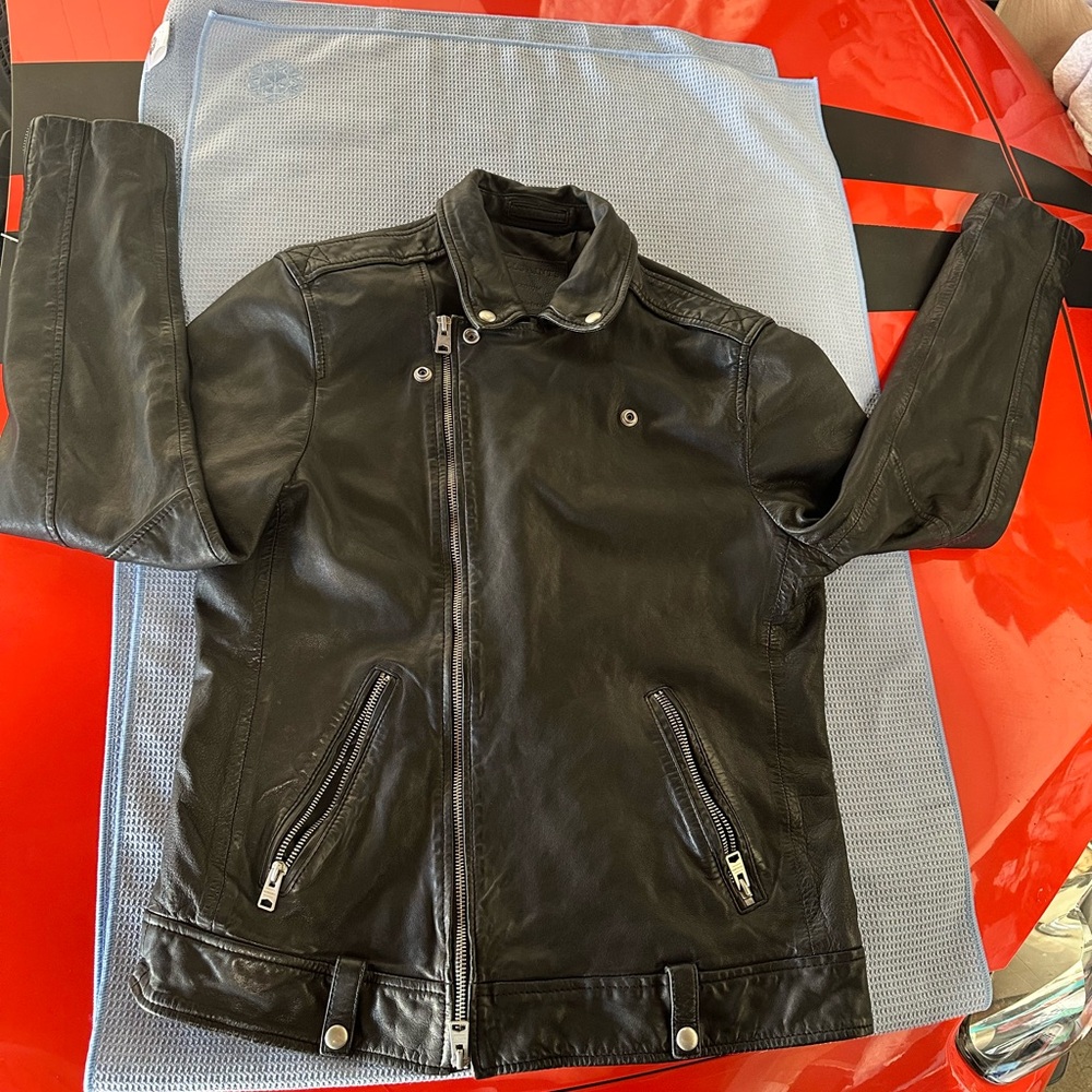 AllSaints Black Leather Bomber Jacket